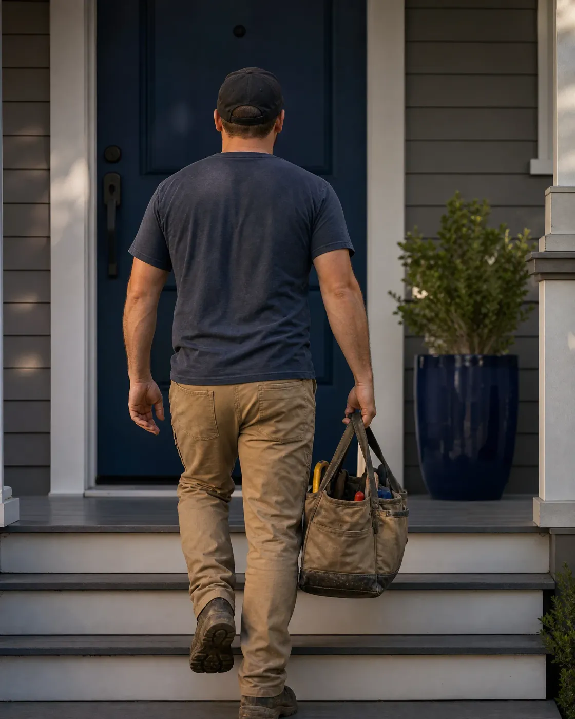 A man in a dark cap, navy T-shirt and tan work pants, seen from behind, carries a canvas tool bag up porch steps toward a dark blue front door, with a potted shrub in a blue planter to the right.