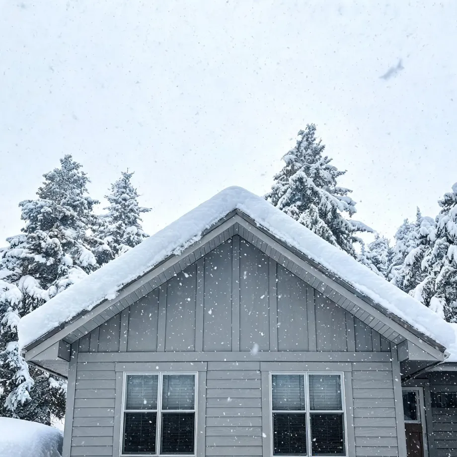 A gray-sided house with a steep gable roof covered in thick snow, framed by snow-laden conifers under a pale sky with falling snowflakes.