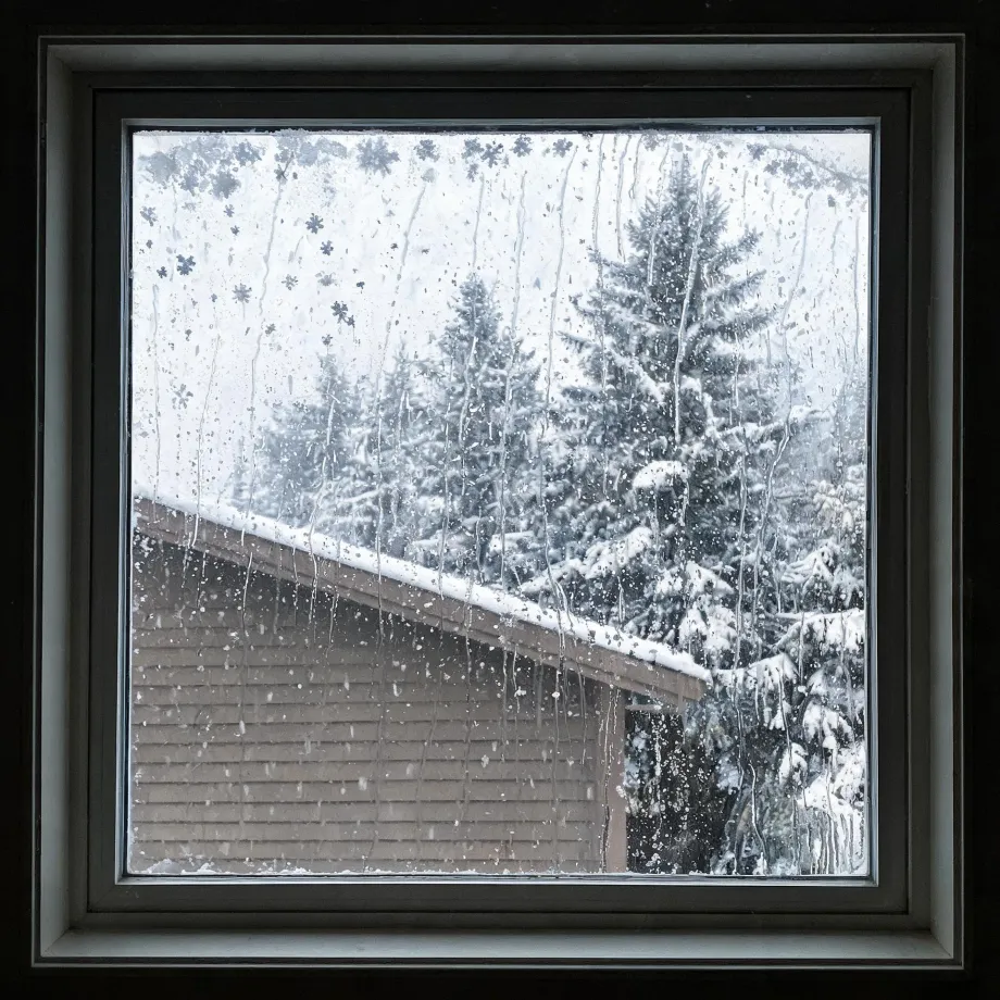 View through a square window with condensation and water streaks on the glass, showing a snow-covered roof of an adjacent shingled building and snow-laden conifer trees during falling snow.