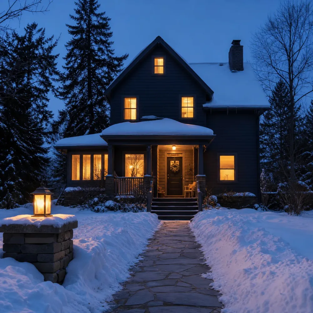 A dark two-story house with lit windows and a covered porch at dusk, with snow on the roof and ground, a cleared stone walkway leading to the steps, a lantern on a stone pillar at left, and conifers behind.