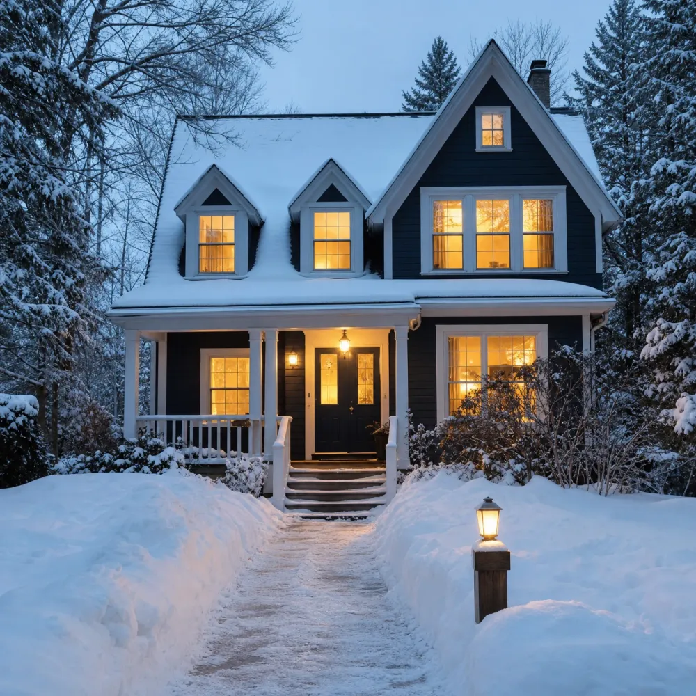 A dark navy two-story house with white trim, dormer windows and a covered porch, its windows glowing yellow at dusk, with a shoveled path through deep snow leading to the steps and a lit lamp post at right.