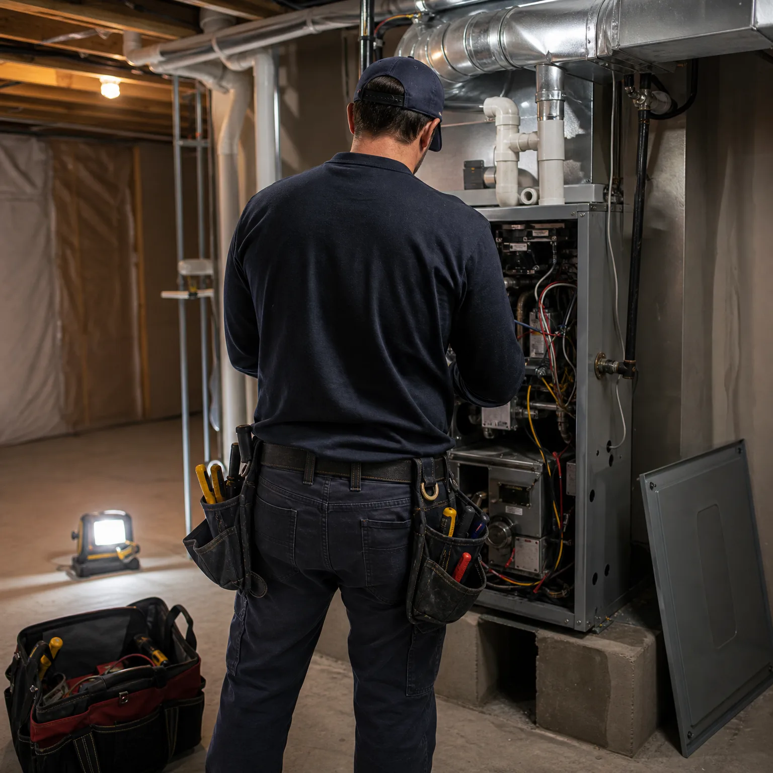 A man in a dark shirt, cap, and tool belt stands with his back to the camera in front of an opened furnace in a basement, with a tool bag and portable work light on the floor nearby.