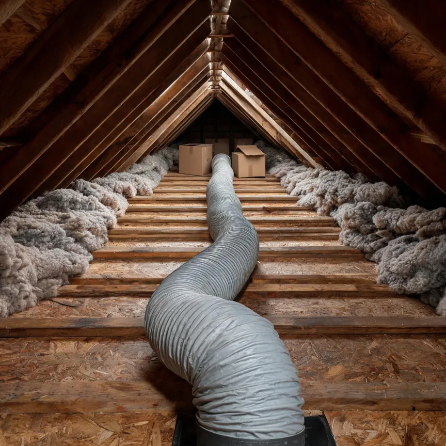 Interior of an unfinished attic with exposed wooden rafters, plank and OSB flooring, loose fibrous insulation along the eaves, two cardboard boxes at the far end, and a large flexible insulated duct running along the floor toward the camera.
