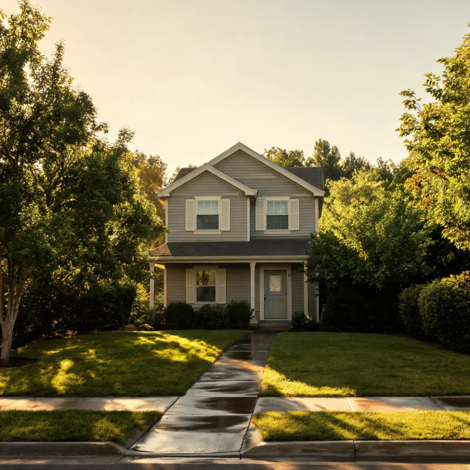 A two-story house with beige siding, white-trimmed windows with shutters, and a small covered porch, fronted by a mowed lawn and a wet concrete walkway leading to the sidewalk, with leafy trees and hedges on both sides in low golden sunlight.