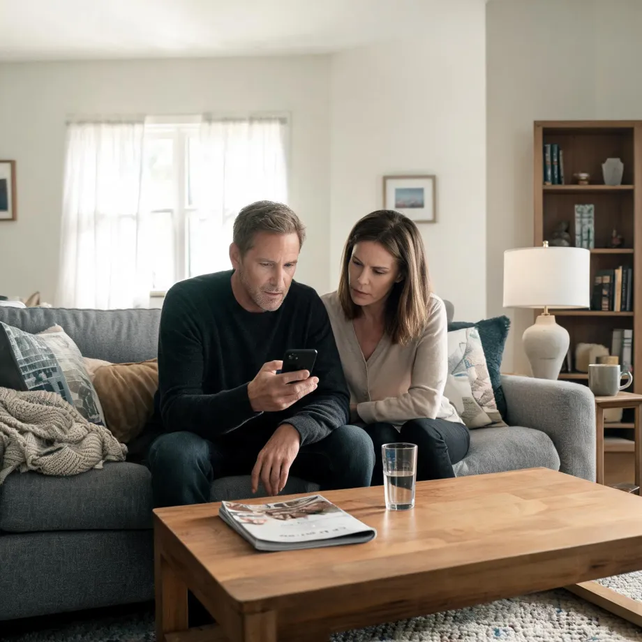 A man and a woman sit together on a gray sofa in a living room, both looking at a smartphone he holds, with a wooden coffee table holding a glass of water and a magazine in the foreground.