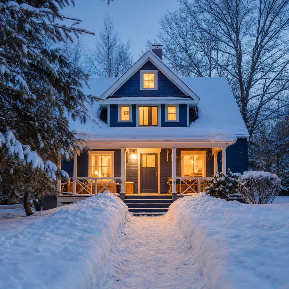 A two-story dark blue house with white trim, a covered front porch and lit windows at dusk, with snow on the roof and a shoveled path leading to the front steps between snowbanks.