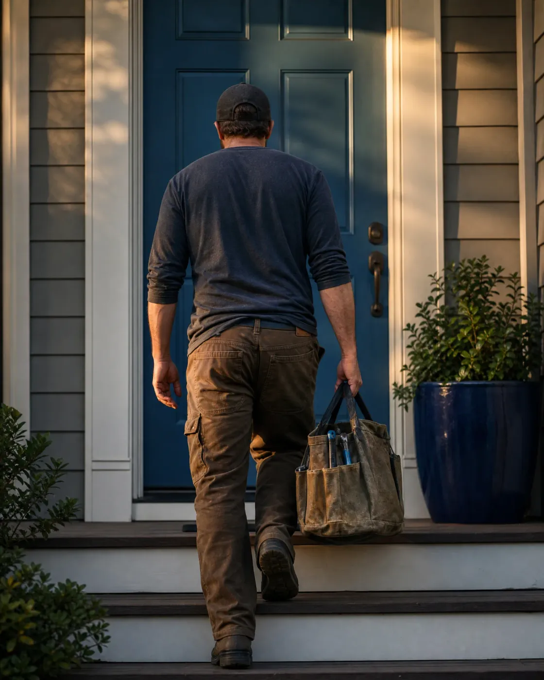 A man in a cap, dark long-sleeved shirt and brown work pants carries a canvas tool bag up porch steps toward a blue front door, with a shrub in a blue planter beside it.
