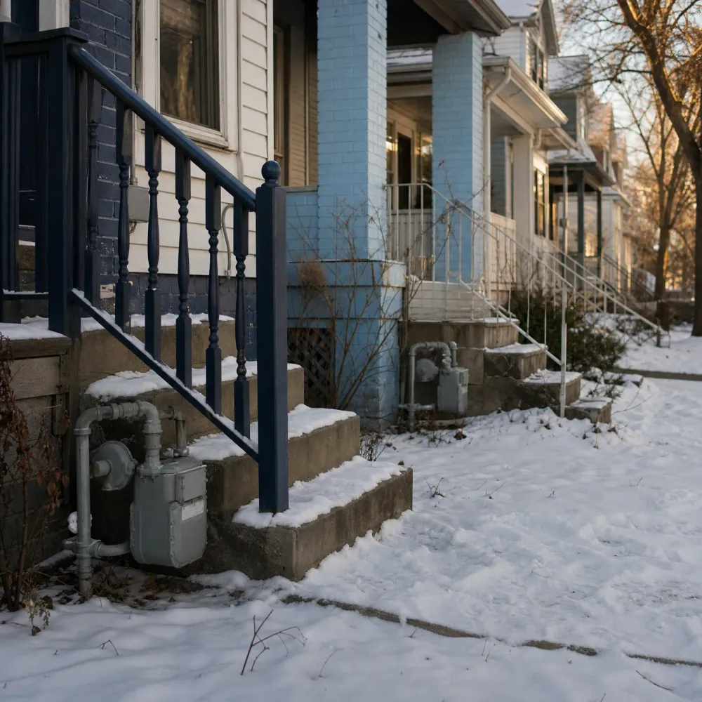 Snow-covered front yards and concrete steps of adjacent houses, with a dark blue metal handrail in the foreground and exterior gas meters mounted beside the foundations.