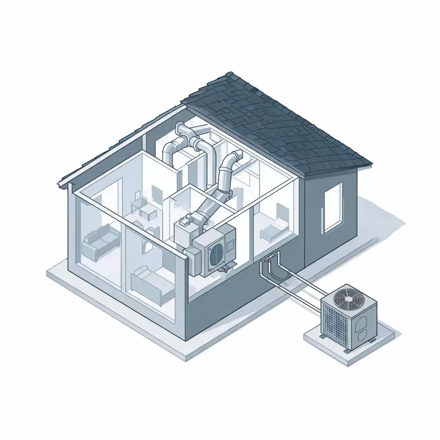 Isometric cutaway illustration of a small house showing interior rooms with furniture, an indoor air handler with ducts in the attic space, and refrigerant lines running to an outdoor condenser unit on a pad.