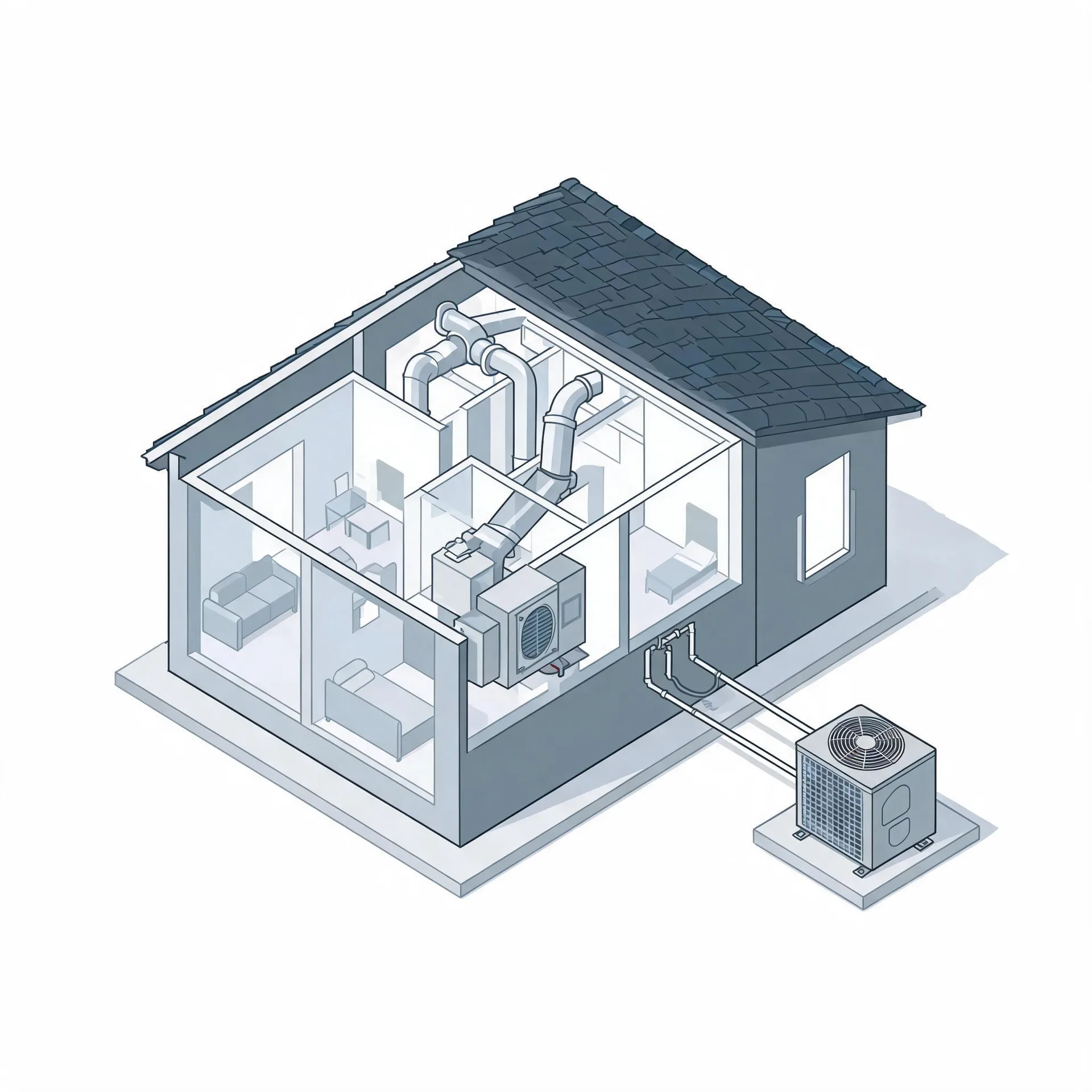 Isometric cutaway illustration of a small house showing interior rooms with furniture, an indoor air handler with ducts in the attic space, and refrigerant lines running to an outdoor condenser unit on a pad.