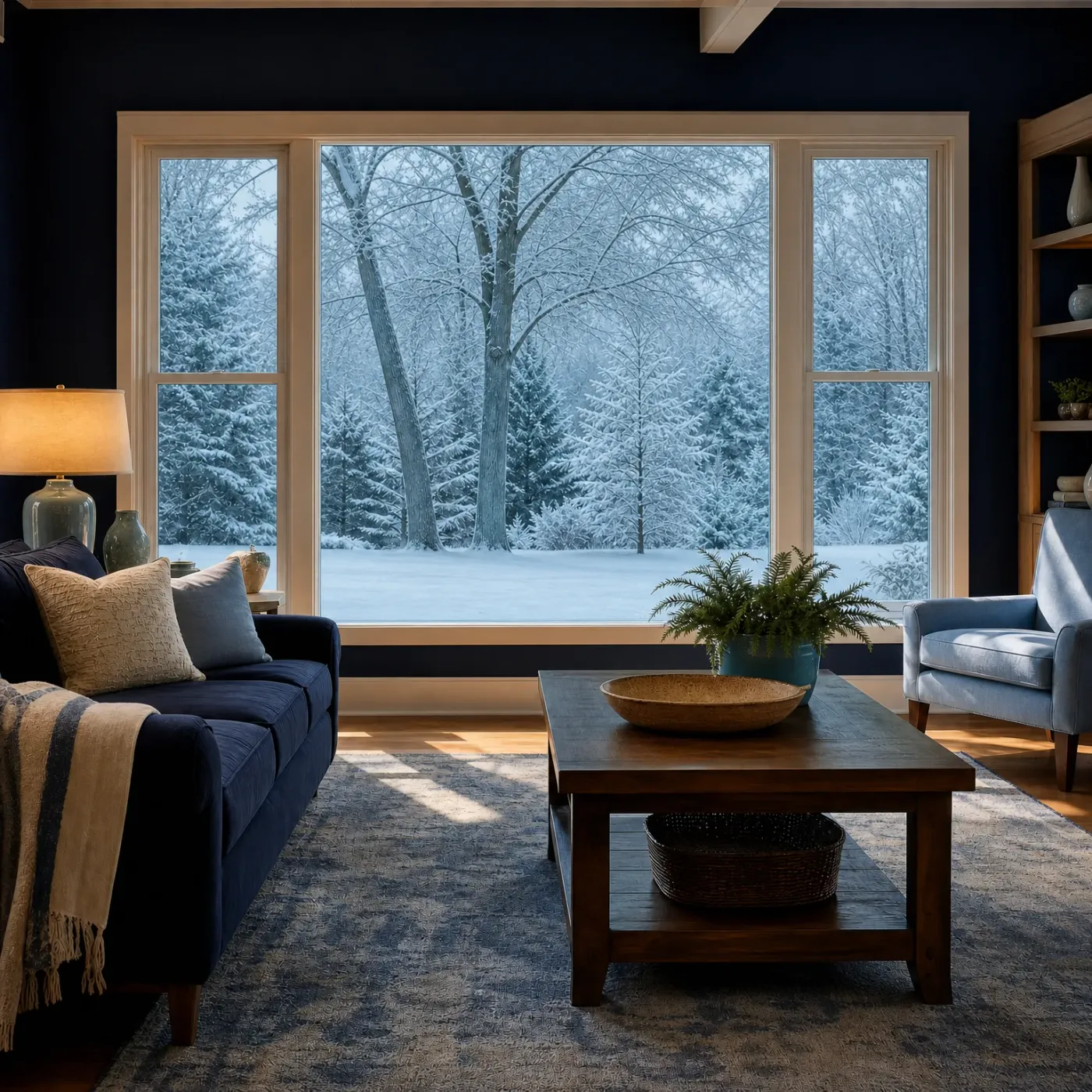 A living room with dark navy walls, a navy sofa with cushions and a striped throw, a lit table lamp, a wooden coffee table holding a woven bowl and potted fern, and a large window showing snow-covered trees outside.
