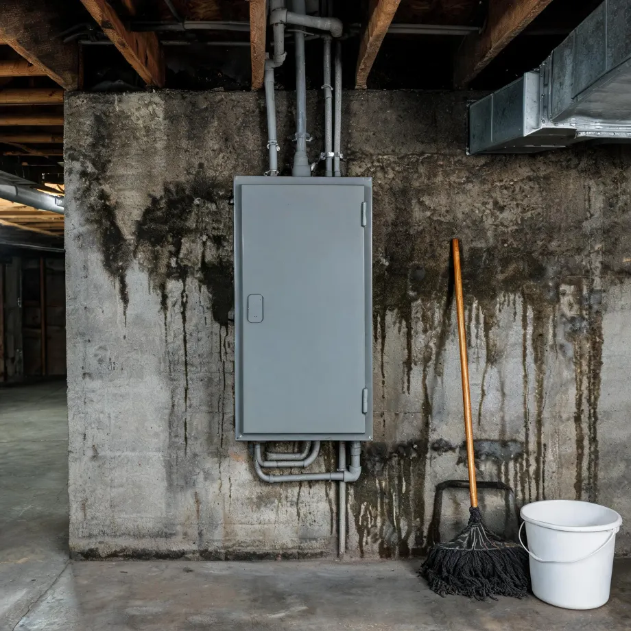 A gray metal electrical panel mounted on a stained, water-streaked concrete basement wall, with conduit and pipes running to wooden joists above, a duct at upper right, and a mop and white bucket on the floor.