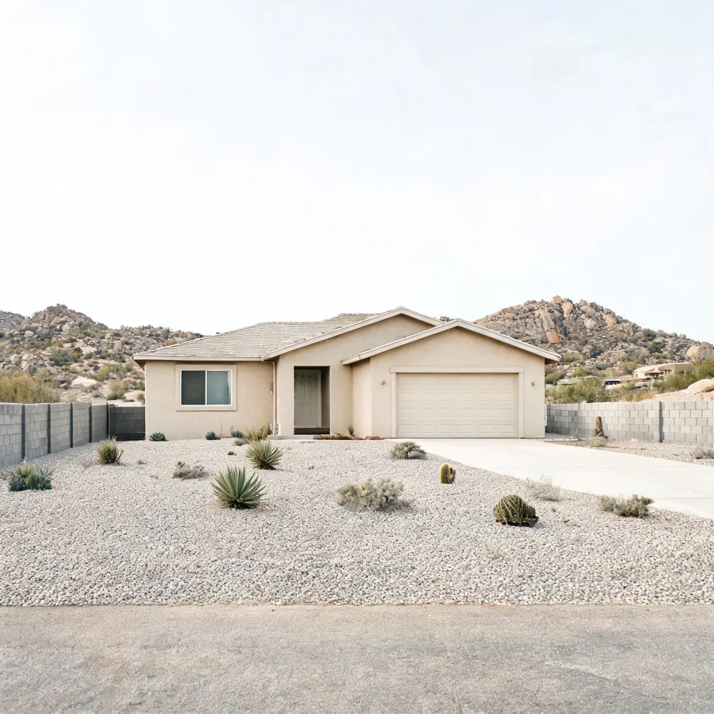 A single-story beige stucco house with an attached two-car garage and concrete driveway, fronted by a gravel yard with agave, cacti and low shrubs, with block walls on both sides and rocky hills behind.