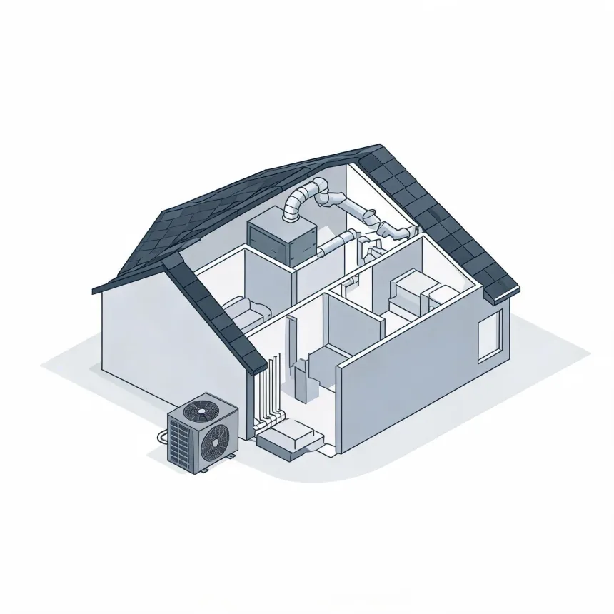 Isometric line illustration of a cutaway house showing interior rooms, an air handler with ductwork in the attic space, and an outdoor condenser unit beside the exterior wall.