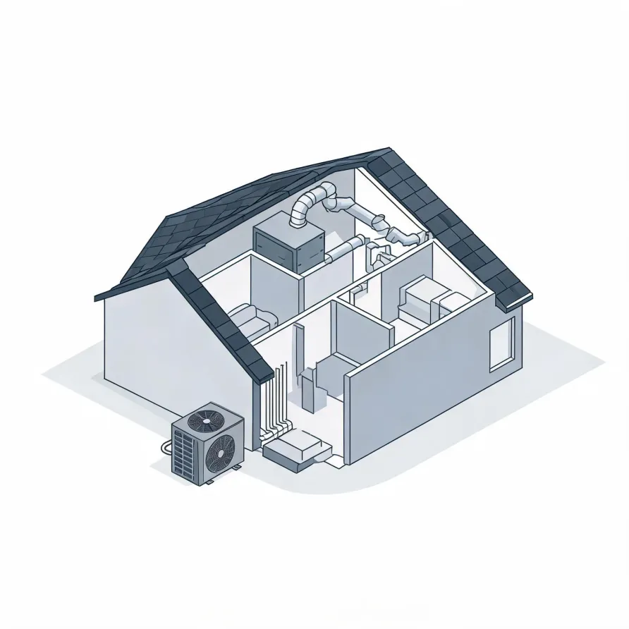 Isometric line illustration of a cutaway house showing interior rooms, an air handler with ductwork in the attic space, and an outdoor condenser unit beside the exterior wall.