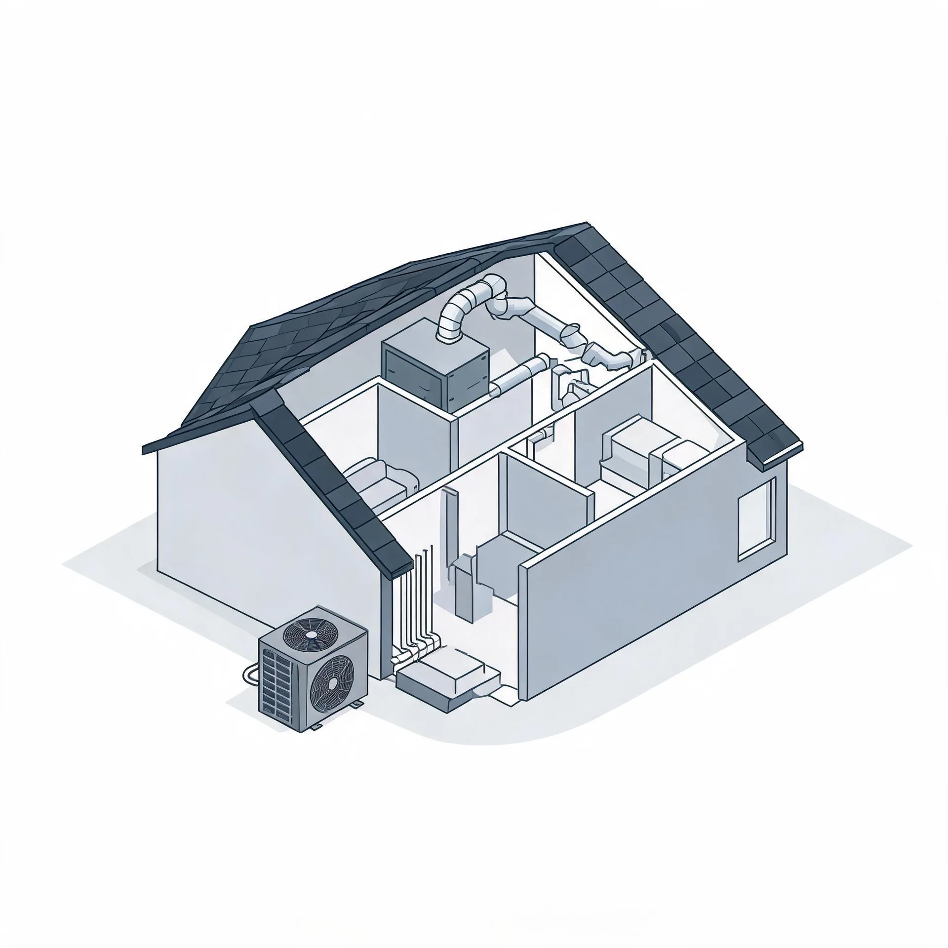 Isometric line illustration of a cutaway house showing interior rooms, an air handler with ductwork in the attic space, and an outdoor condenser unit beside the exterior wall.