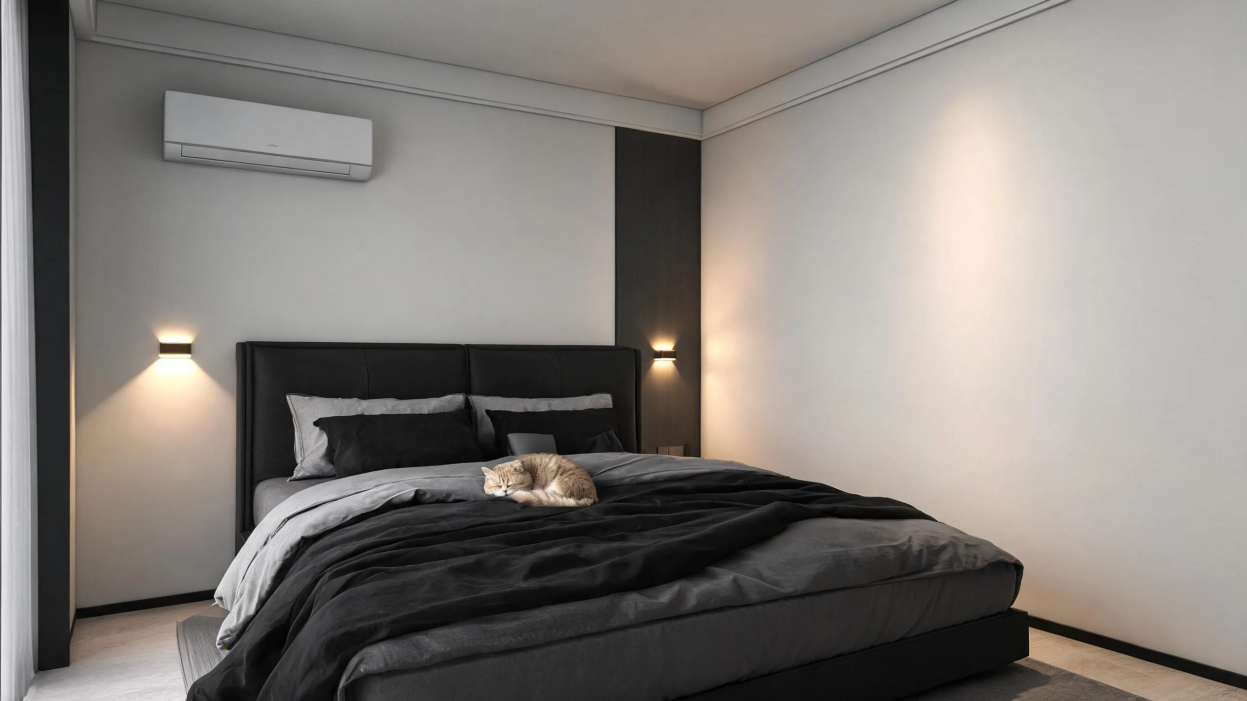 An orange cat sleeps on a neatly made bed with dark grey bedding in a minimalist bedroom with wall sconces and a mounted air conditioner.