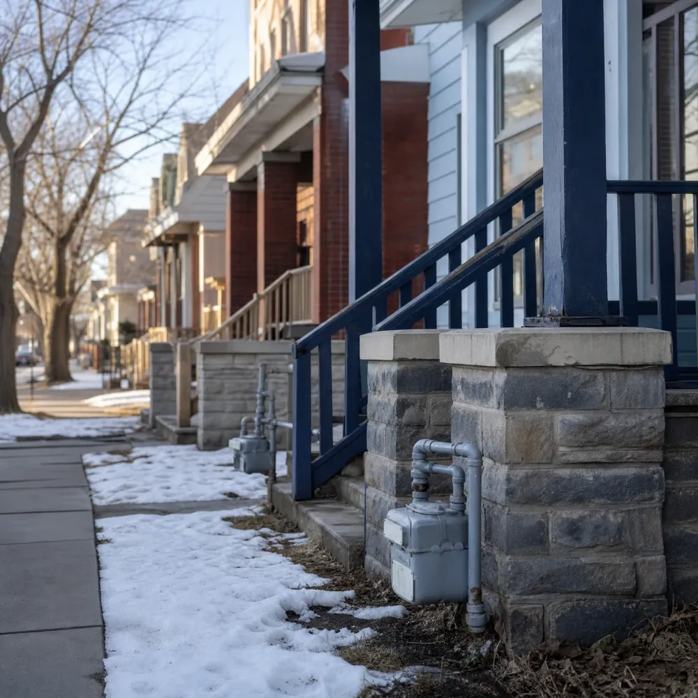 A row of porch-fronted houses along a sidewalk with patchy snow, showing stone porch piers, blue painted railings and columns, and gray gas meters with pipes mounted at the base of the stonework.