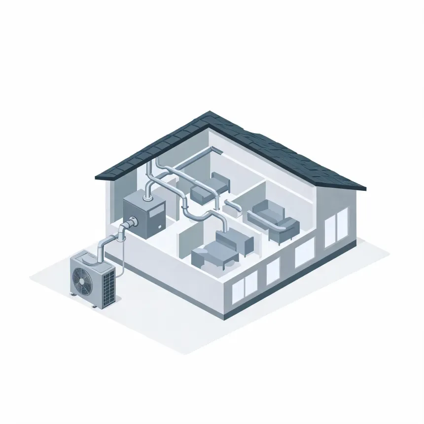 Isometric cutaway illustration of a single-story house showing an indoor air handler, branching ductwork through rooms with furniture, and an outdoor condenser unit connected by a line outside the wall.
