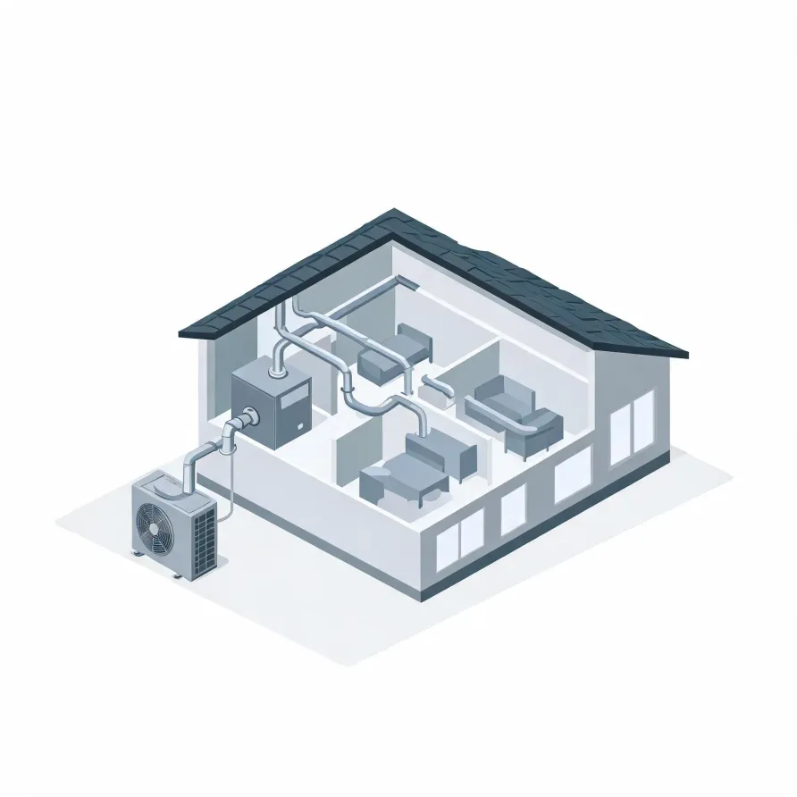 Isometric cutaway illustration of a single-story house showing an indoor air handler, branching ductwork through rooms with furniture, and an outdoor condenser unit connected by a line outside the wall.