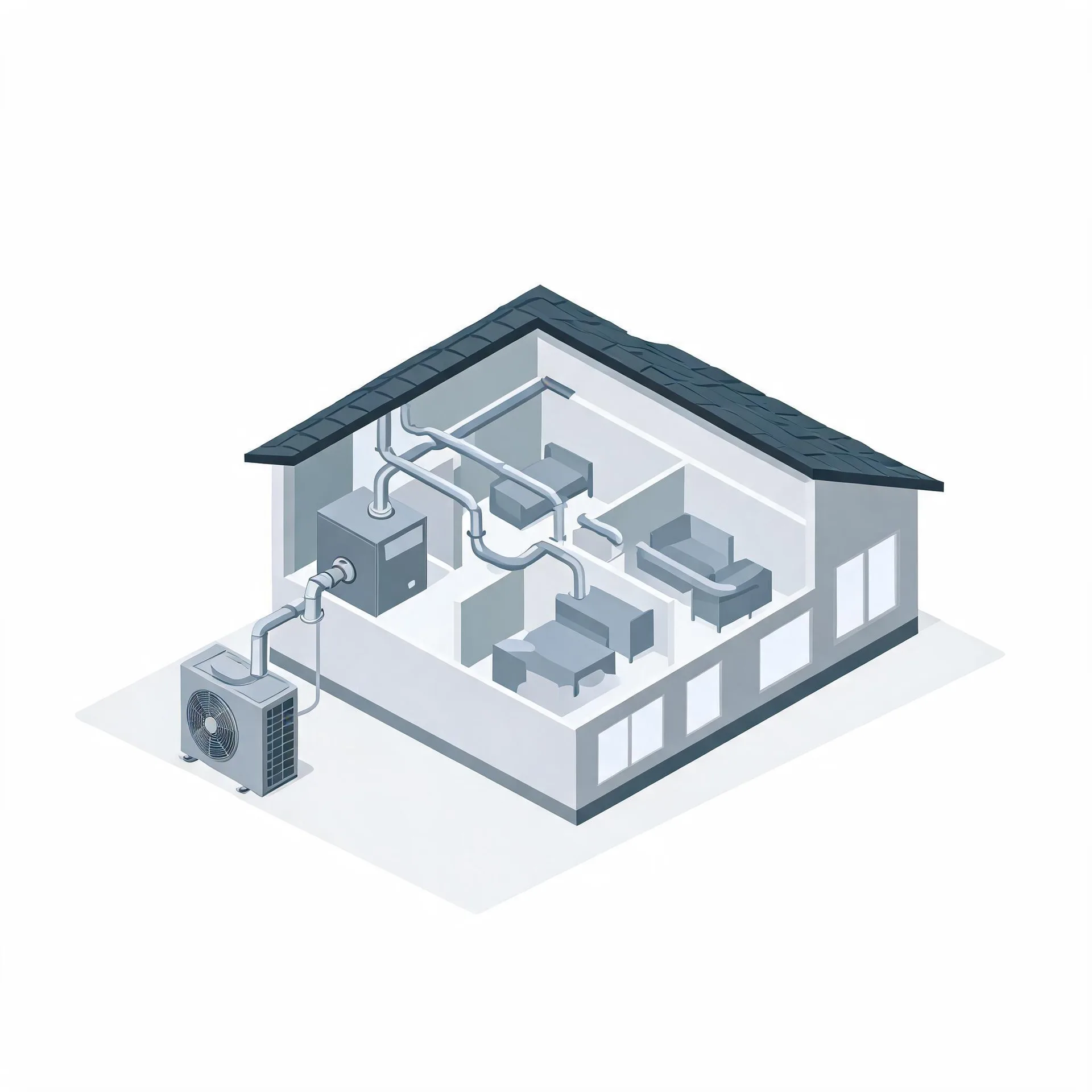 Isometric cutaway illustration of a single-story house showing an indoor air handler, branching ductwork through rooms with furniture, and an outdoor condenser unit connected by a line outside the wall.
