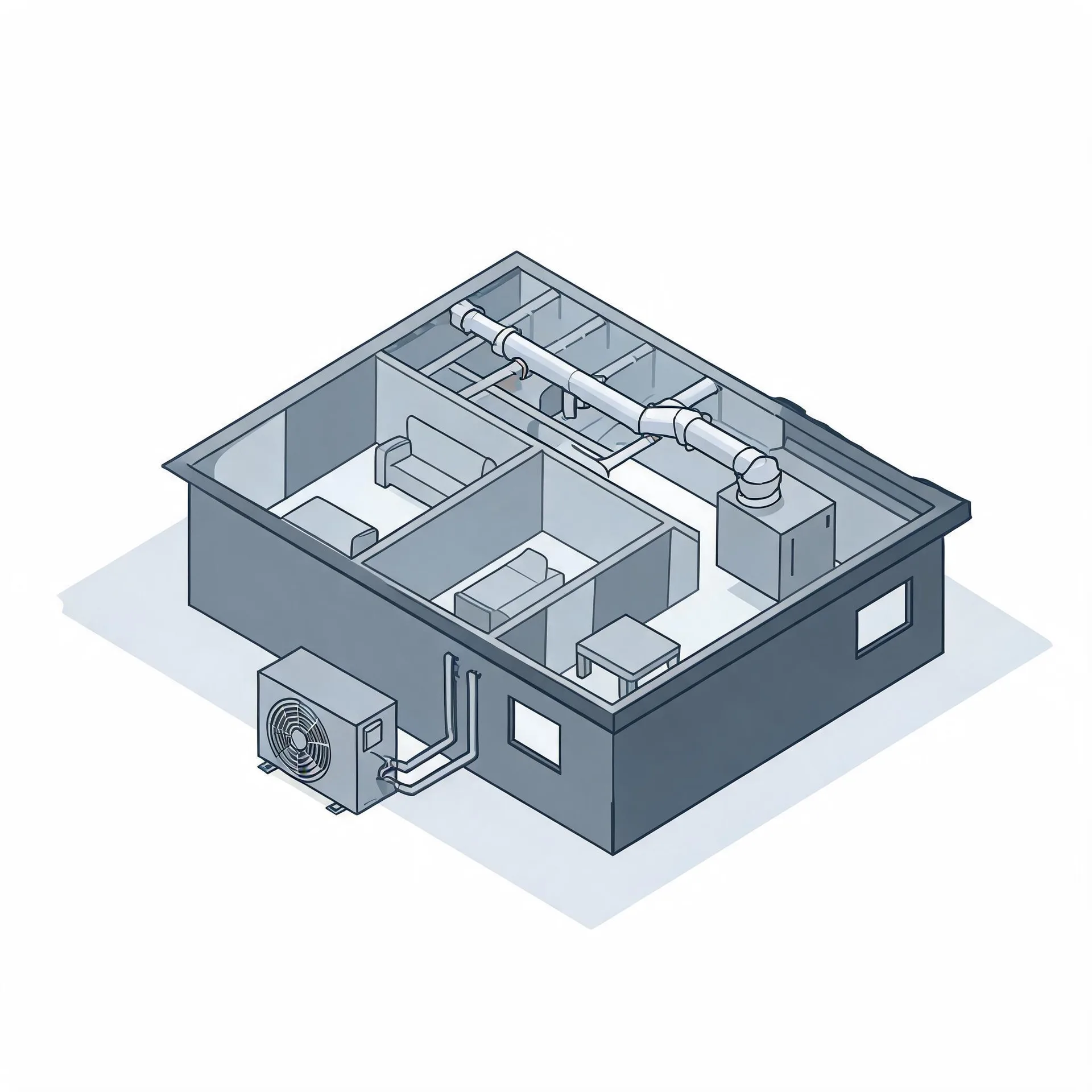 Isometric line illustration of a cutaway single-story building showing interior rooms, ceiling ductwork, an indoor air handler, and an outdoor condenser unit connected by refrigerant lines.