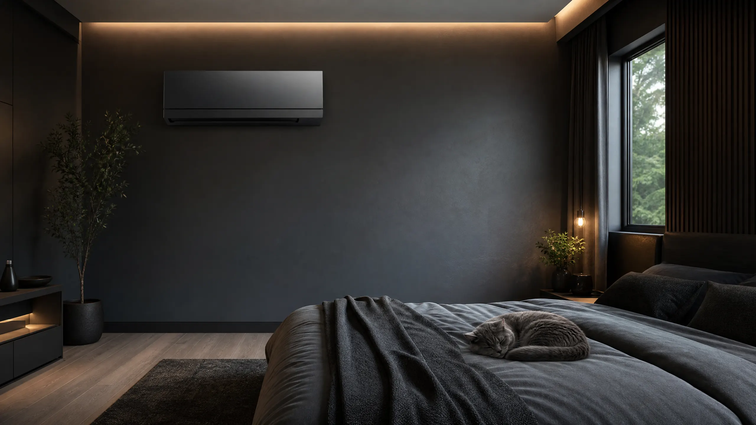 A gray cat sleeps curled up on a dark-made bed in a moody, minimalist bedroom with a wall-mounted air conditioning unit and warm accent lighting.