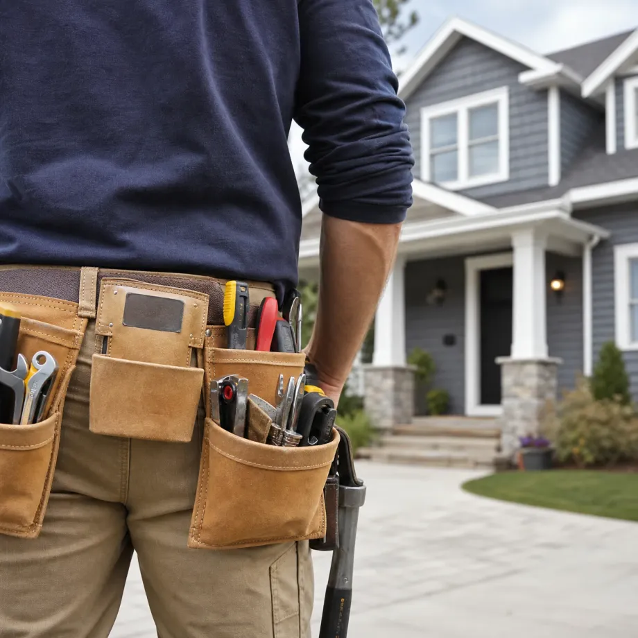 Close-up from behind of a person in a navy long-sleeve shirt and tan pants wearing a leather tool belt filled with pliers, wrenches, screwdrivers and a utility knife, standing on a paved walkway in front of a gray-sided house with a covered porch.