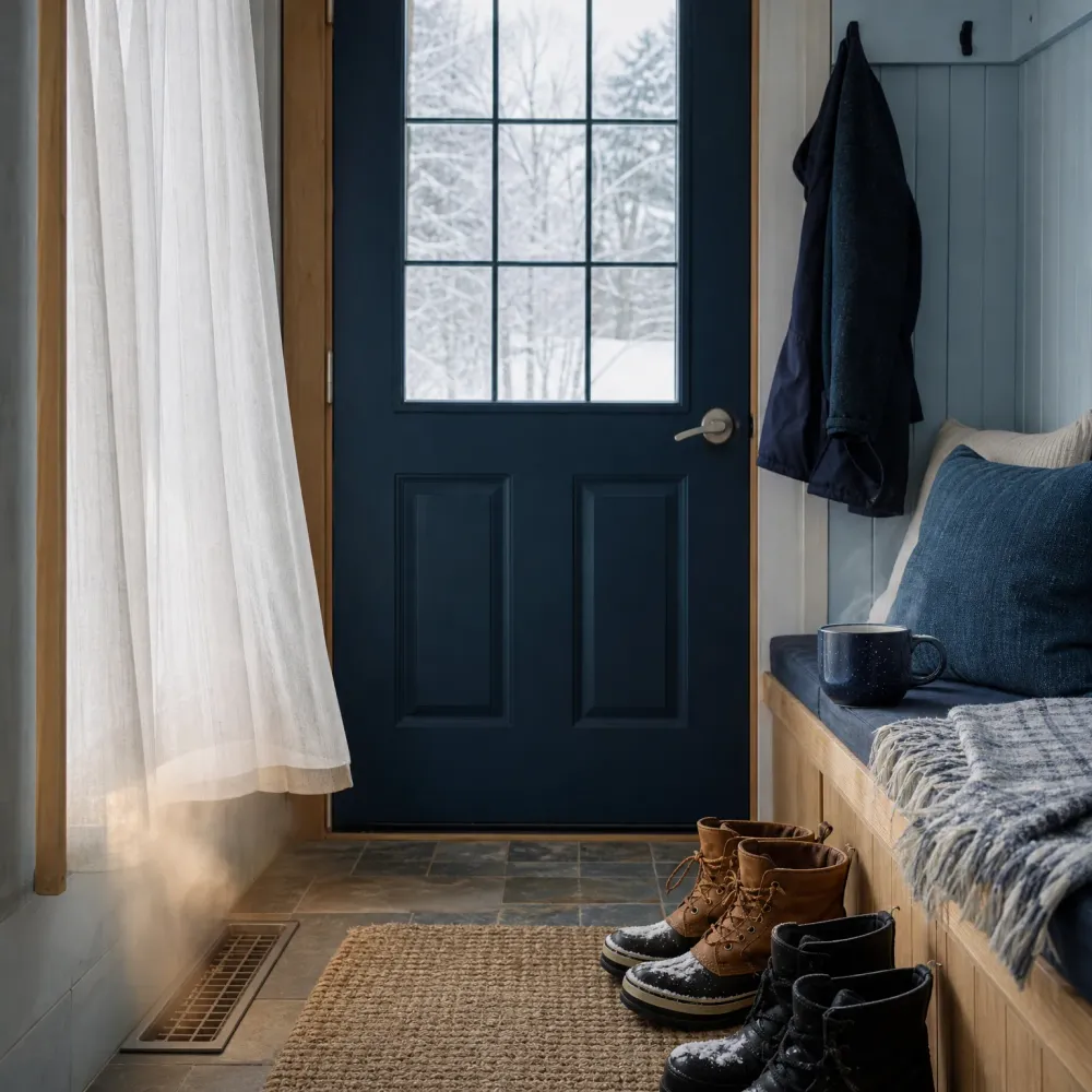 A mudroom with a dark blue windowed exterior door showing snow outside, a sheer white curtain at left, a wooden bench with a cushion, blue pillow, fringed throw and speckled mug, a dark coat on a wall hook, two pairs of snowy boots on a tile floor, a woven rug, and a metal floor vent.
