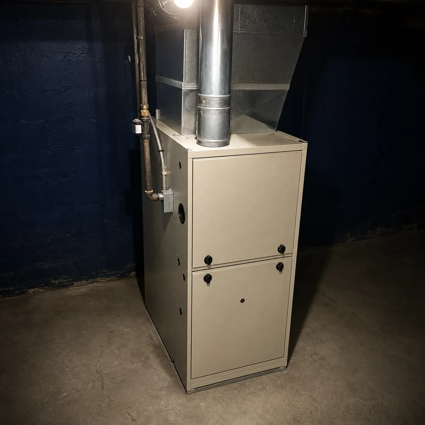 A beige residential furnace in a basement with a metal flue pipe and sheet-metal ductwork above it, next to a dark blue painted block wall and gas piping, on a concrete floor.