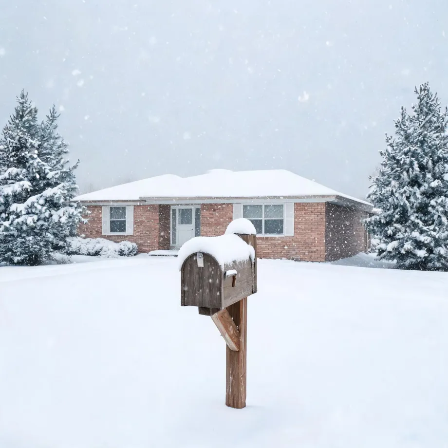 A snow-covered wooden mailbox on a post stands in a deep snowy yard in front of a single-story brick house with a snow-laden roof, flanked by snow-covered evergreen trees during falling snow.