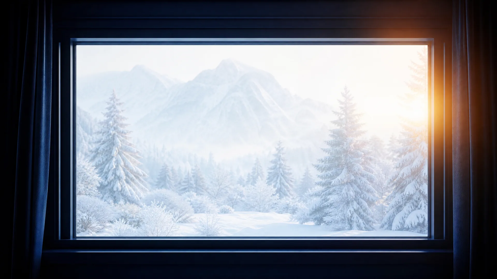 View from a dark interior through a large window onto a bright snow-covered landscape with conifer trees and a mountain, with dark curtains at the frame edges.