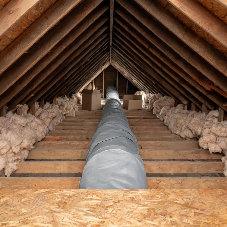 Interior of an unfinished attic with exposed wooden rafters, a long insulated flexible duct running along the center between floor joists, batts of fiberglass insulation along both eaves, and two cardboard boxes at the far end.