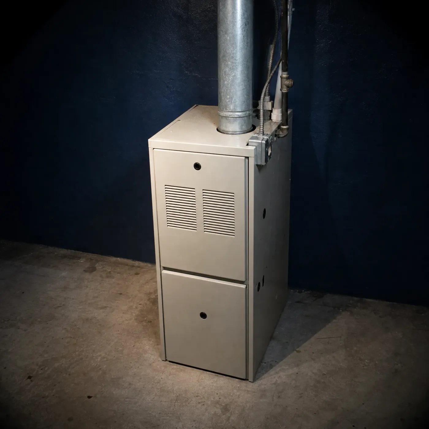 A beige residential furnace with louvered vent panels stands on a concrete floor against a dark blue wall, with a metal flue pipe and conduit running up from its top.