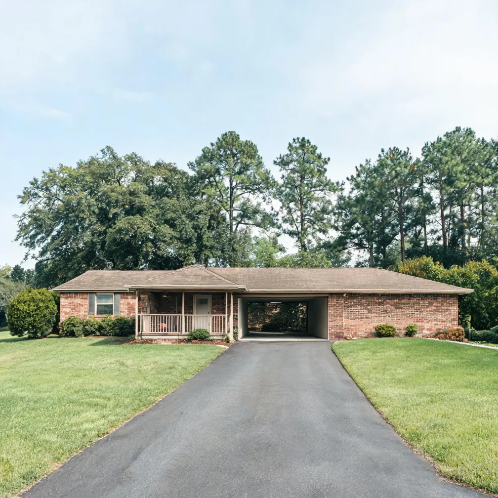 A single-story brick ranch house with a covered front porch and an open carport, fronted by an asphalt driveway and mowed lawn, with tall pine and deciduous trees behind it.