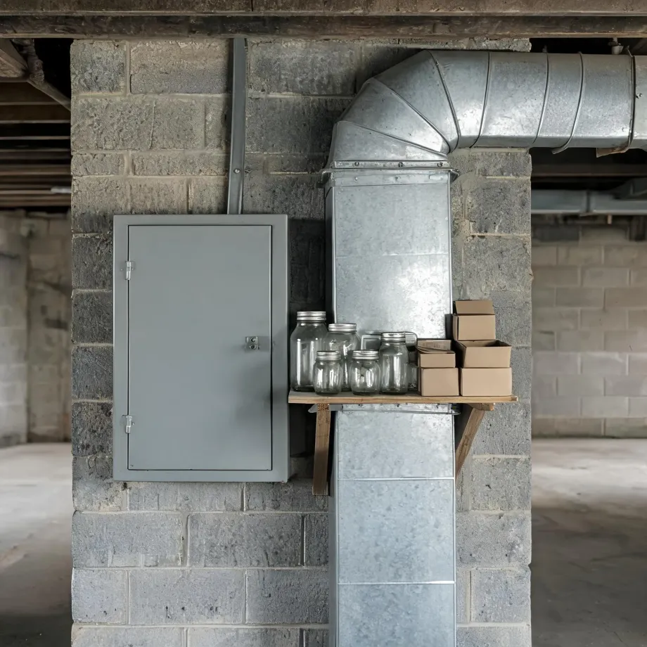 A basement concrete block wall with a gray metal electrical panel box, a galvanized sheet metal duct running vertically and elbowing overhead, and a small wooden shelf holding glass canning jars and cardboard boxes.
