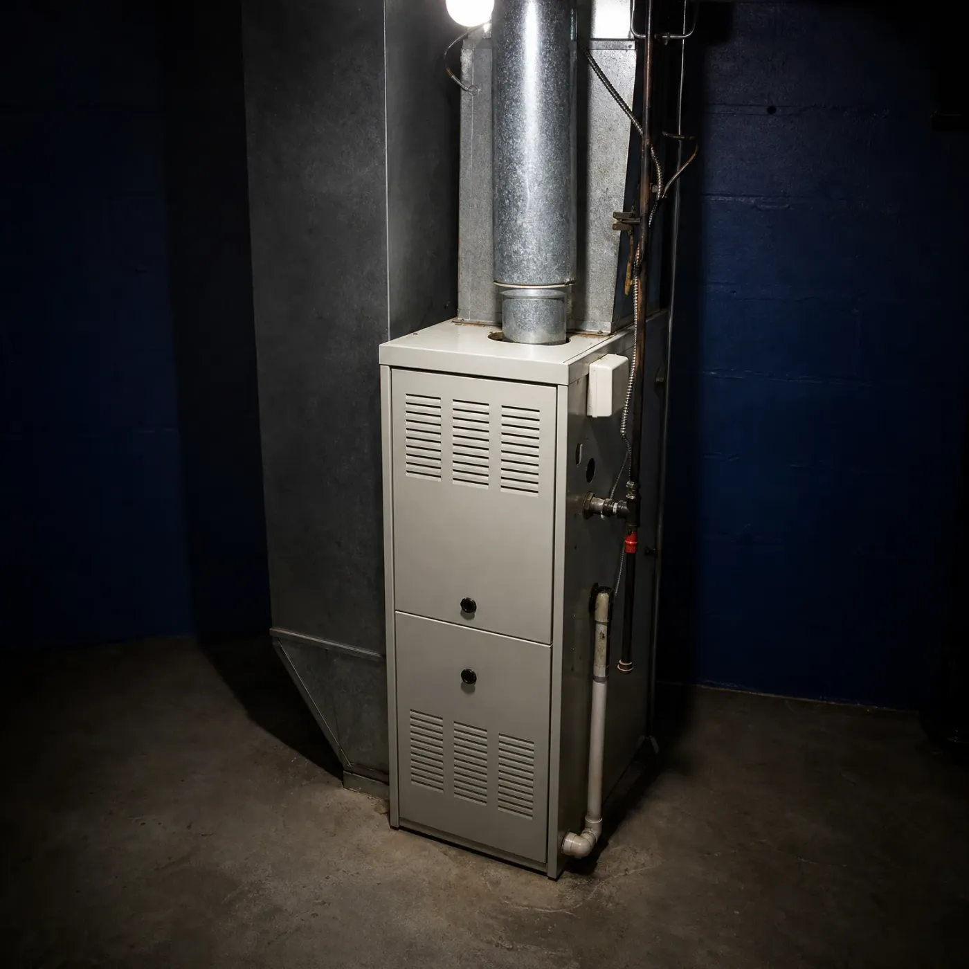 A light gray gas furnace with louvered access panels stands on a concrete basement floor beside a dark blue painted block wall, with galvanized metal flue pipes and ductwork rising above it and copper and PVC piping along its right side.