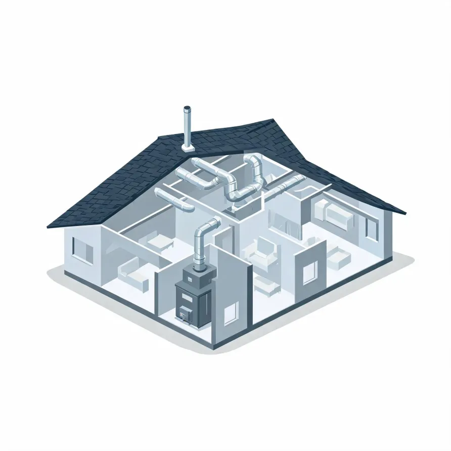 Isometric cutaway illustration of a single-story house showing interior rooms with furniture, a metal ductwork network, and a furnace unit connected to a vertical flue through the dark shingled roof.