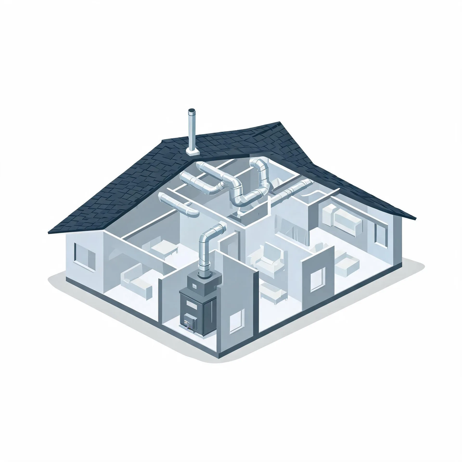 Isometric cutaway illustration of a single-story house showing interior rooms with furniture, a metal ductwork network, and a furnace unit connected to a vertical flue through the dark shingled roof.