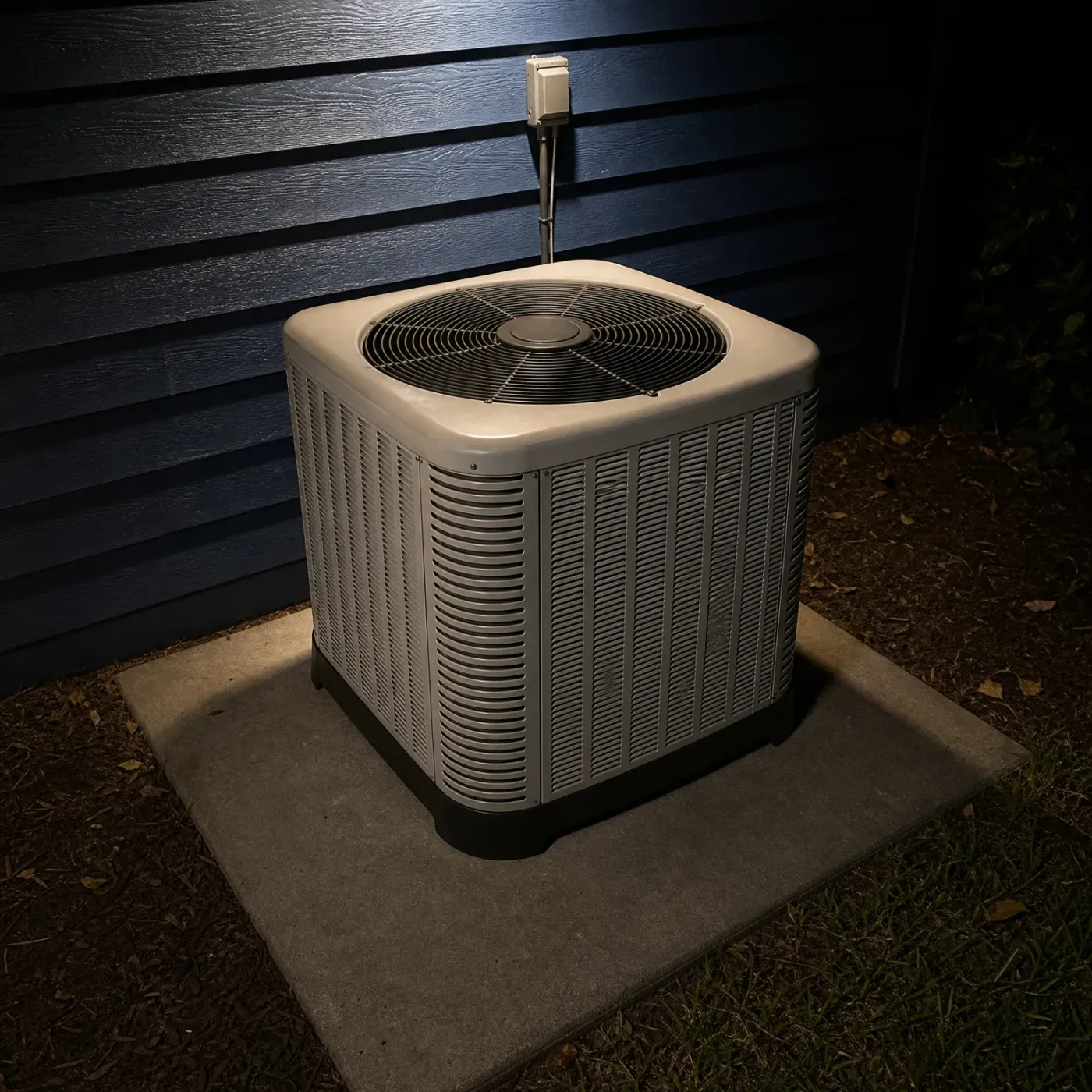 An outdoor air conditioning condenser unit on a concrete pad beside a dark horizontal-lap sided wall at night, with an electrical disconnect box and conduit on the wall above it.