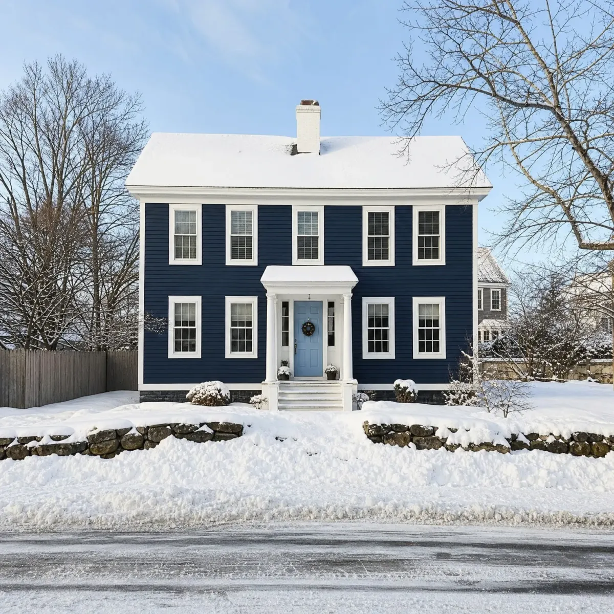 A two-story navy blue clapboard house with white trim, a white chimney, a light blue front door with a wreath, and a snow-covered roof, behind a snowy yard with a stone retaining wall and bare trees.