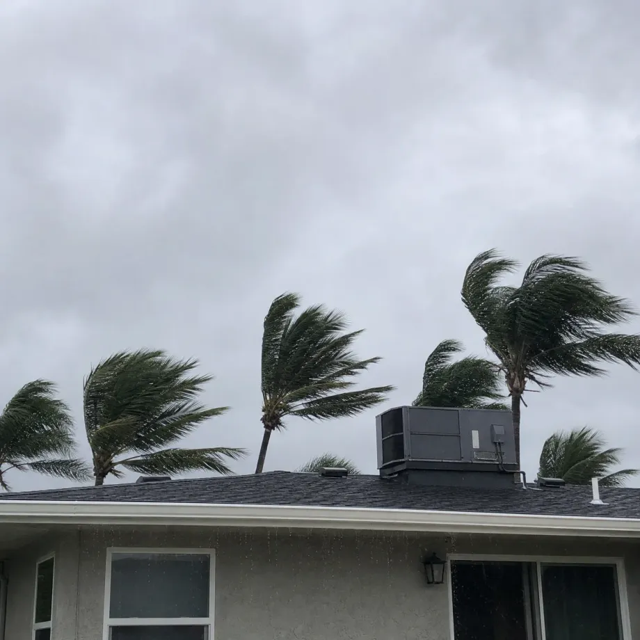 Palm trees bending in strong wind behind the shingled roof of a single-story stucco house with a rooftop HVAC unit, under a heavy gray overcast sky.