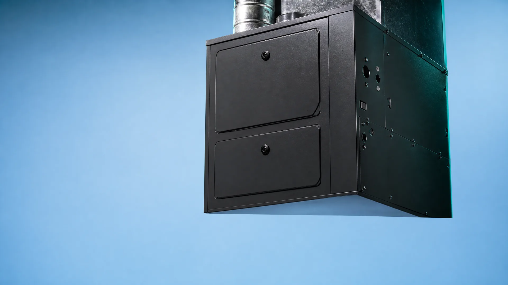 A dark gray furnace cabinet with two access panels and an attached metal duct, shown against a plain blue background with one side panel opened.