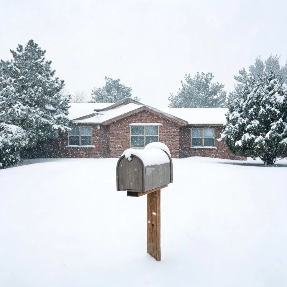 A snow-covered mailbox on a wooden post stands in a deep snowy yard in front of a single-story brick house flanked by snow-laden evergreen trees during falling snow.
