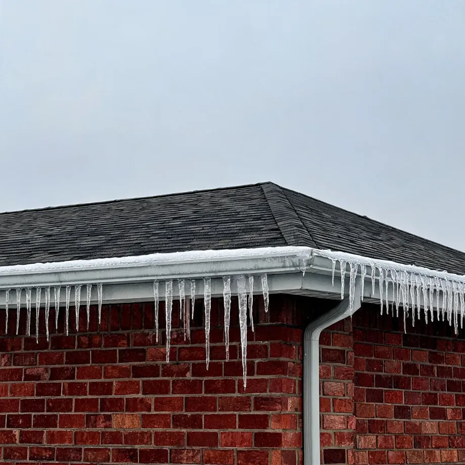 Corner of a red brick house with dark asphalt shingles, a white gutter and downspout, and a row of icicles hanging from the eaves under an overcast sky.