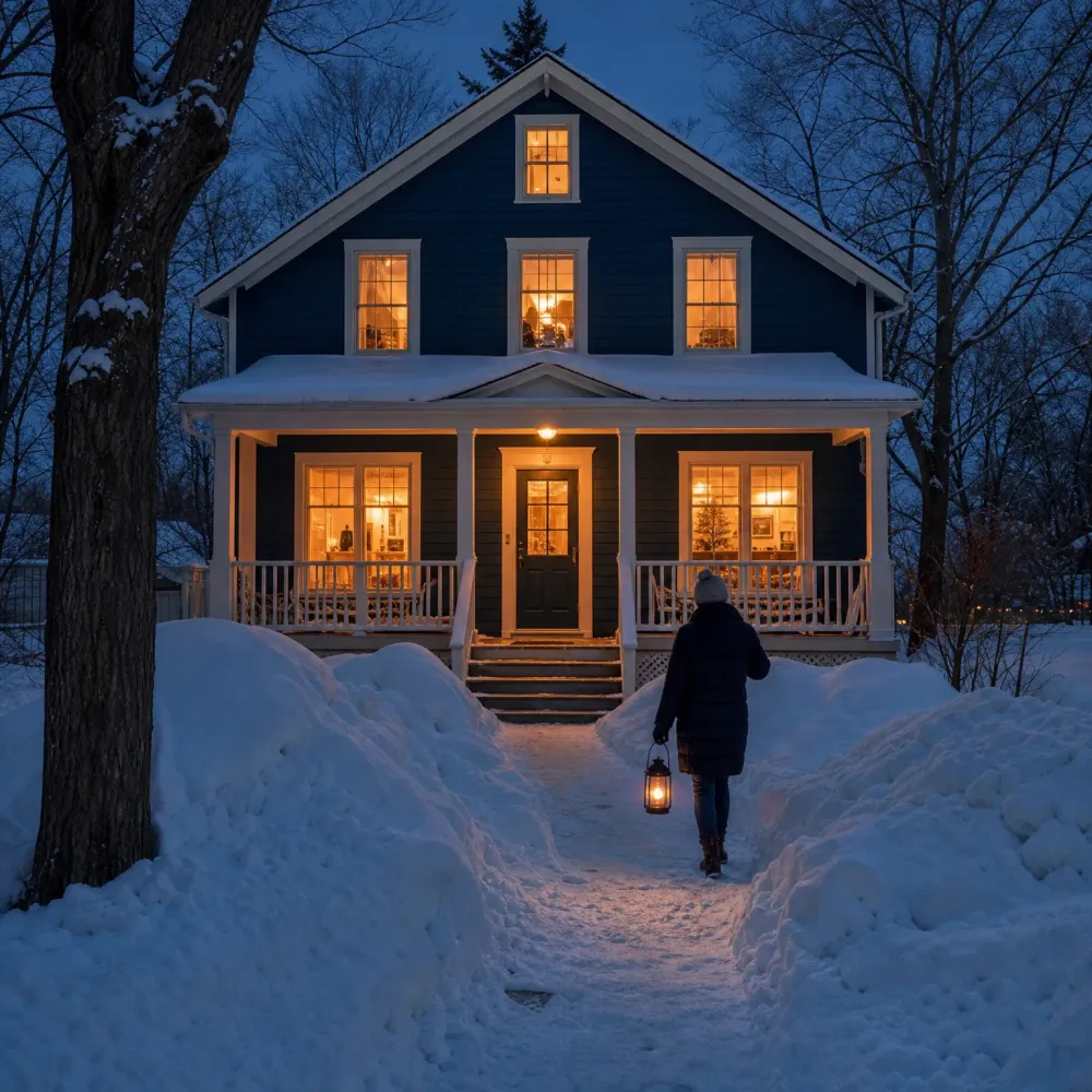 At dusk, a person in a dark coat and knit hat carries a lit lantern up a shoveled snow path toward a dark blue two-story house with white trim, a covered porch, and warmly lit windows, flanked by bare trees and deep snowbanks.