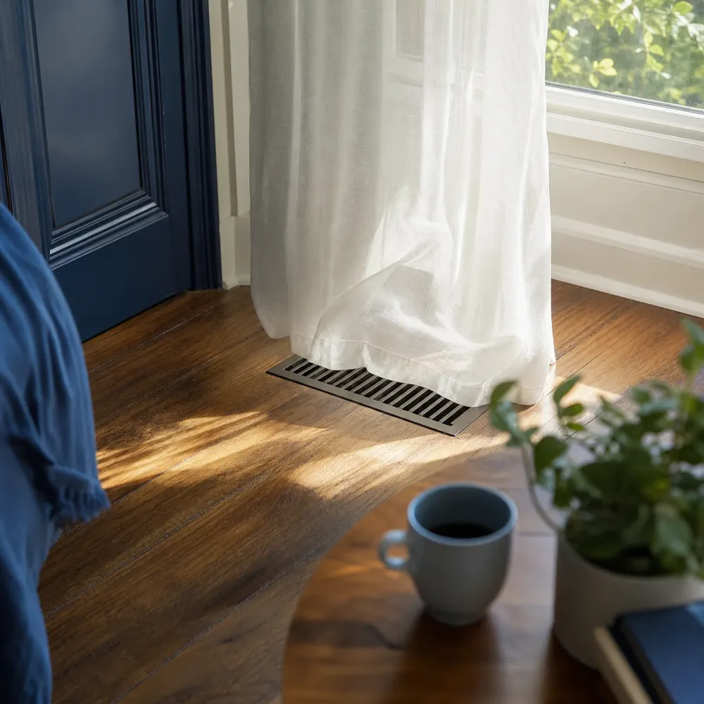 A floor air vent set into dark hardwood flooring near a white curtain and window, with a gray mug of coffee on a wooden table and a potted green plant in the foreground.