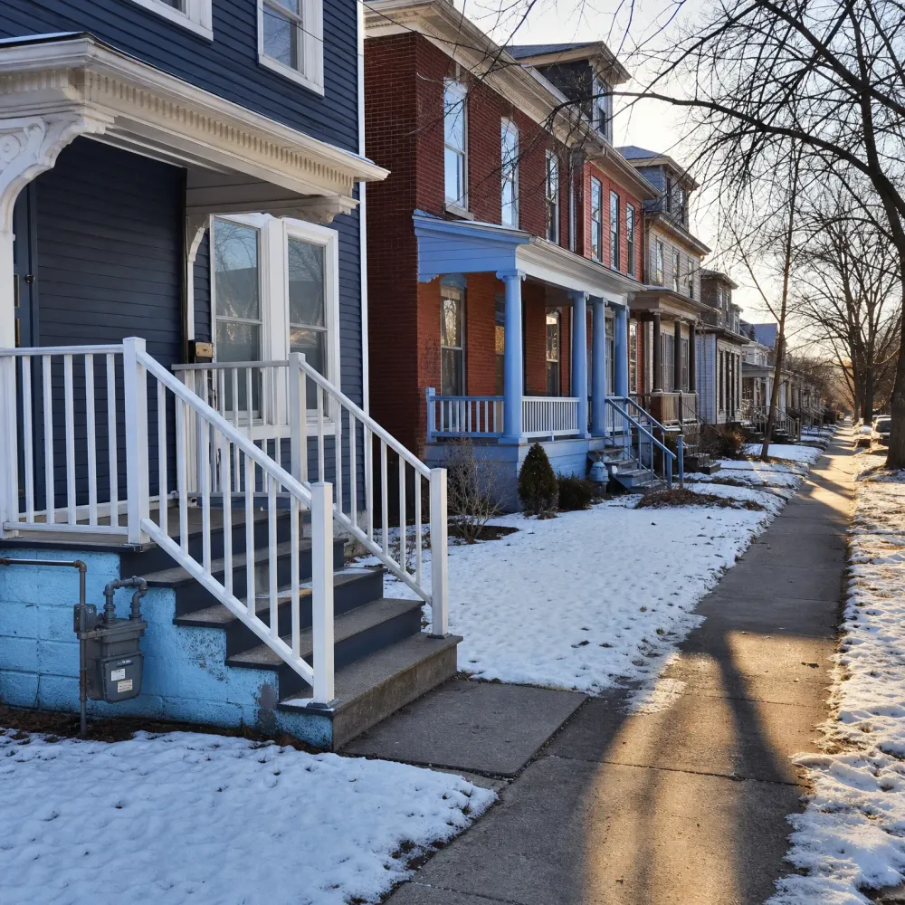 A row of attached two- and three-story houses with porches and front steps along a snow-dusted sidewalk, with bare trees and low winter sunlight casting long shadows.