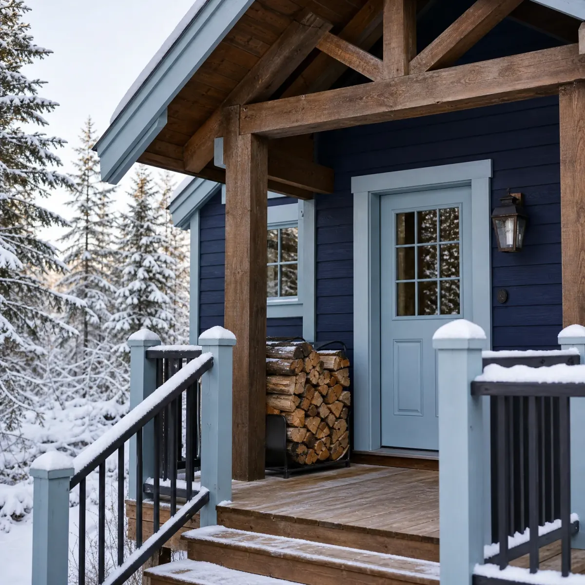 A dark blue wood-sided cabin entry with a light blue door, timber-framed porch roof, stacked firewood, and snow-covered railings and steps, with snowy conifers behind.