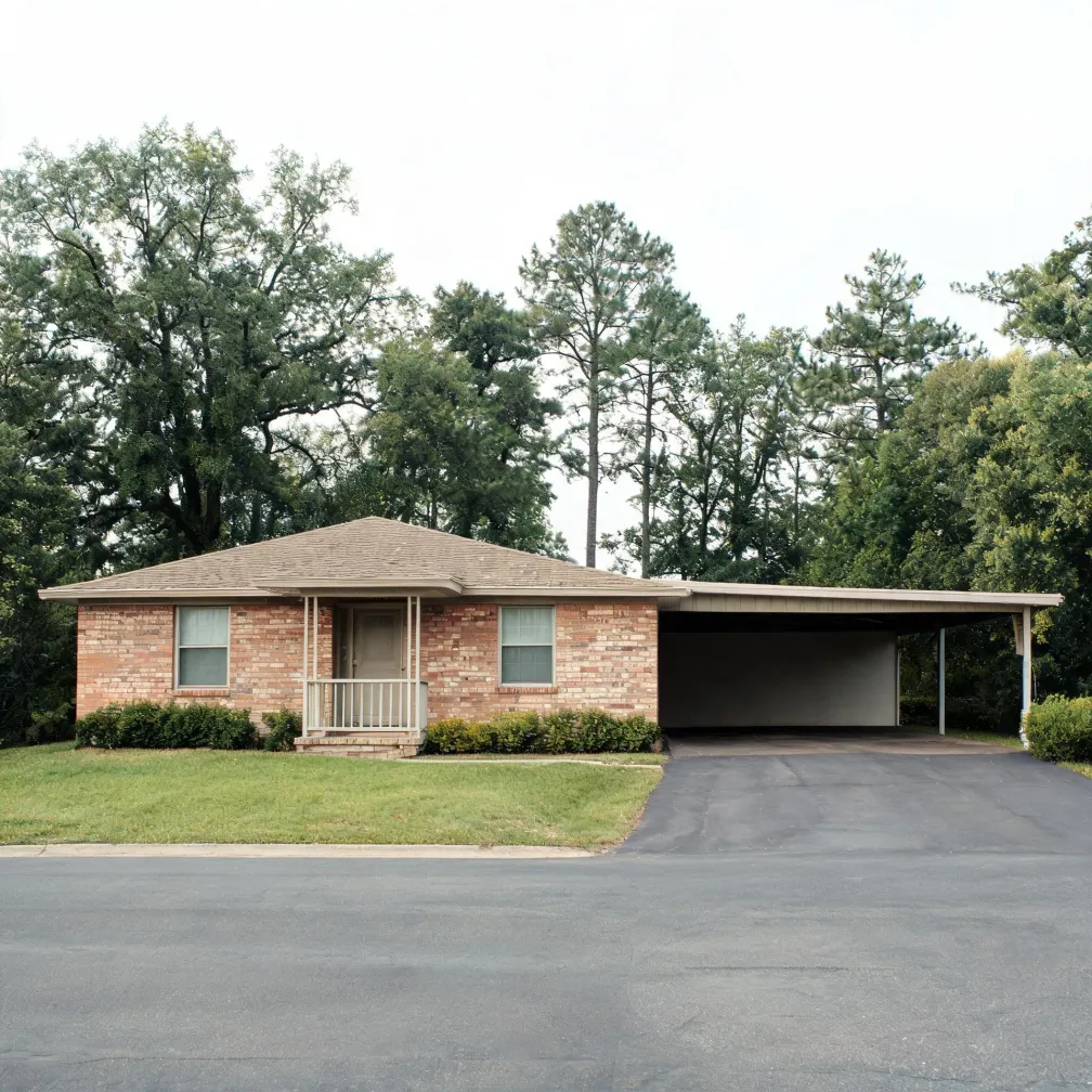 A single-story brick ranch house with a hipped shingle roof, small covered front porch, and an attached open carport over a paved driveway, with lawn in front and tall deciduous and pine trees behind under a pale sky.